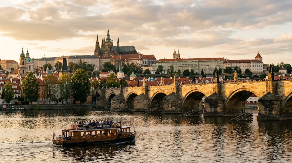 Charles Bridge and Prague Castle seen from a boat on the Vltava River in Prague