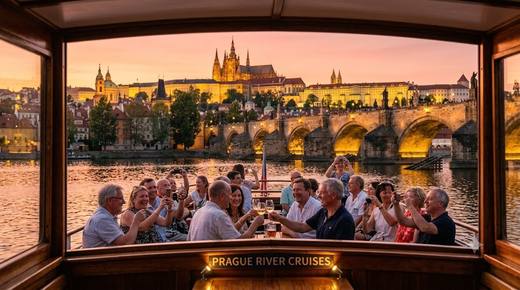 Tourists on a Prague river cruise watching the sunset near Charles Bridge and Prague Castle